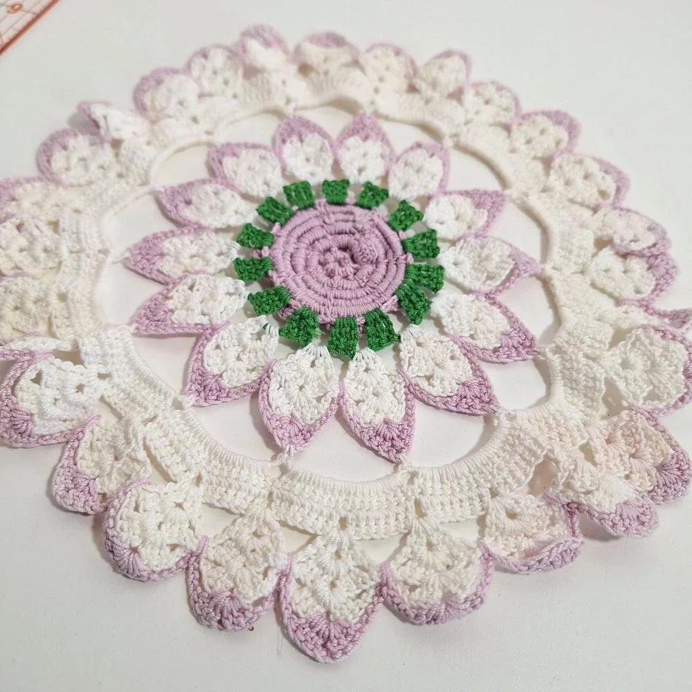 Hand Crocheted Lace Doily Flower Lavender White Green Purple Cotton 10 Inch - Picture 7 of 14